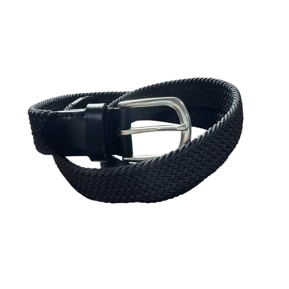 J. Crew Woven Elasticated Italian Leather Belt Adjustable Strap Black Size L NWT